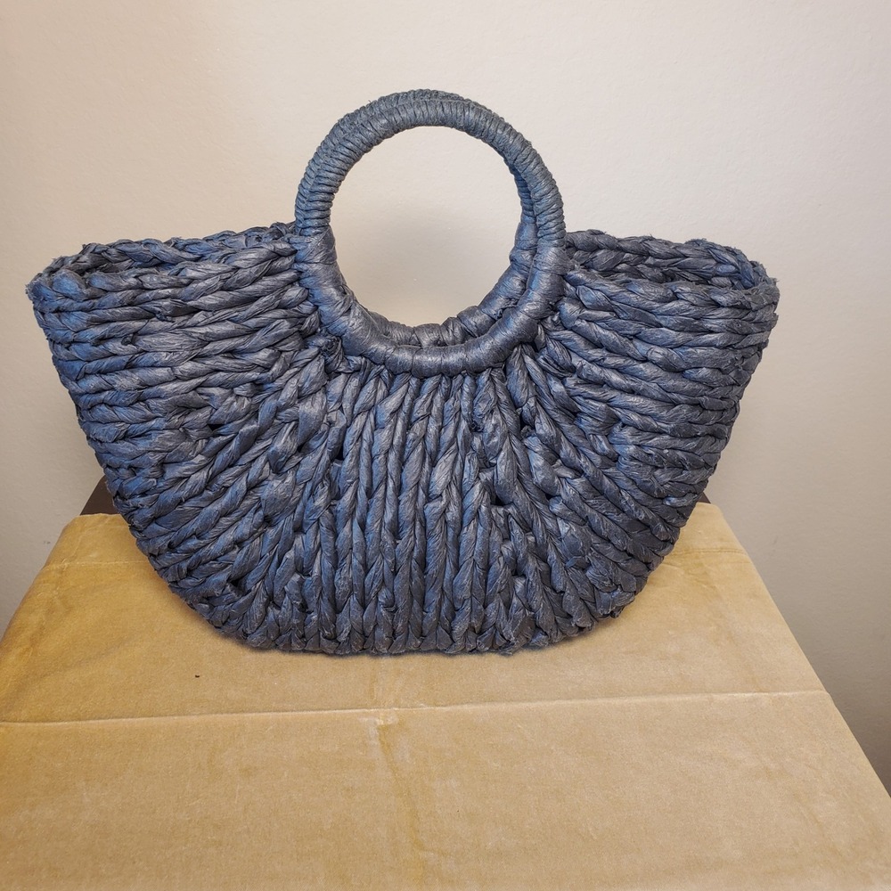 Bujibaja Charcoal Gray Woven Straw Fan Tote Bag Circular Handle Summer Beach - Picture 9 of 10